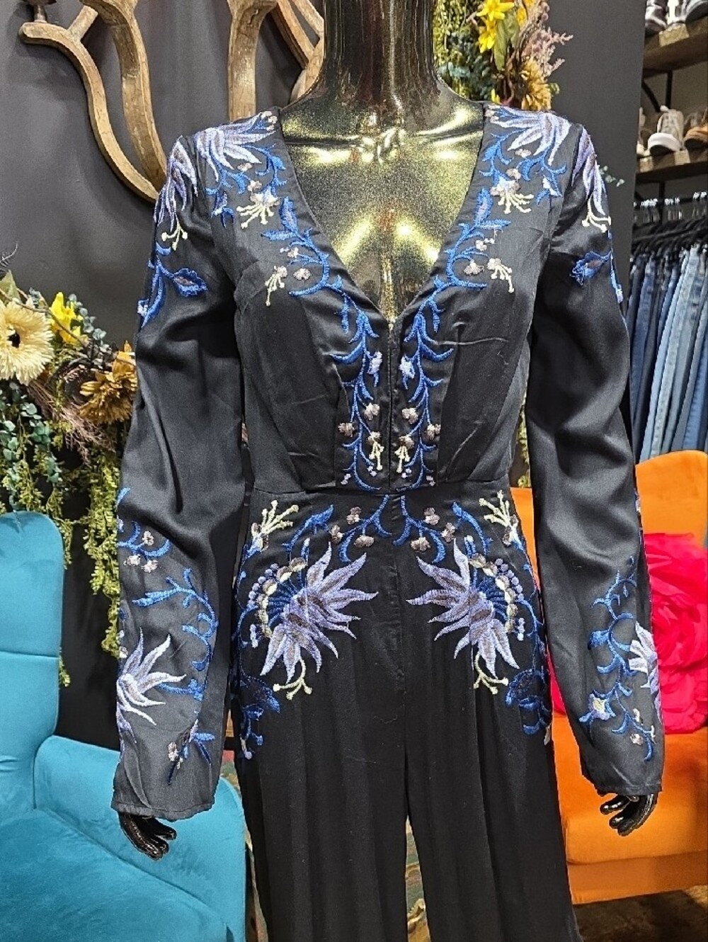 Free People Black Jumpsuit with Blue Floral Embroidery - Picture 4 of 15